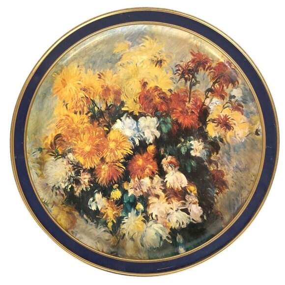 Vintage Sunshine Biscuit Tin Floral Renoir Redon Prints Large Round Blue Gold - Picture 1 of 7